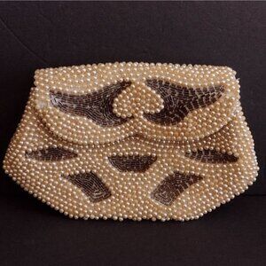 Vtg La Regale Japan Faux Pearl Beaded Clutch Evening Purse Cream Silver Beads